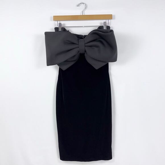 Badgley Mischka Women's Velvet Bow Strapless Sheath Dress 0 Black Cocktail - Picture 2 of 16